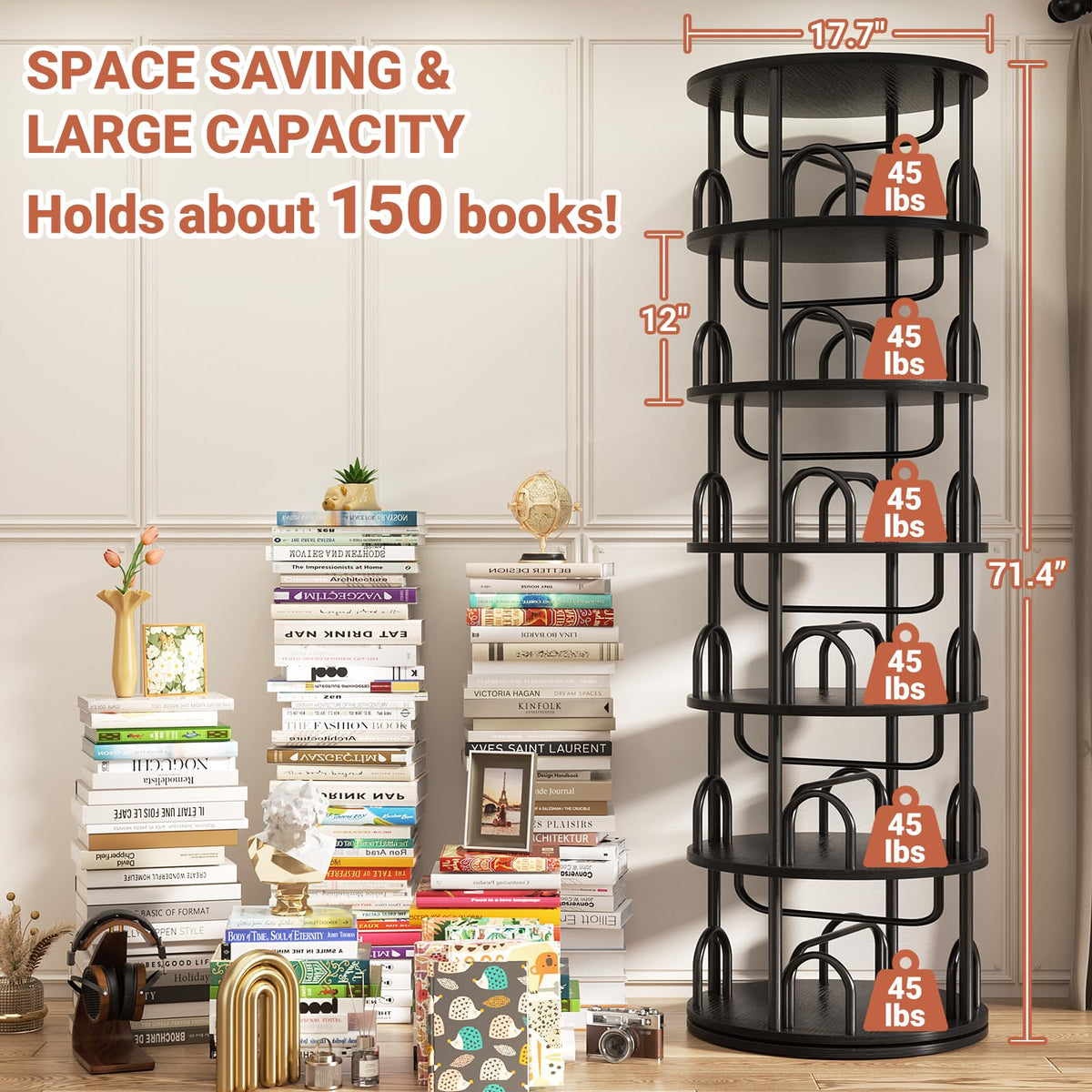 6 Tier Rotating Bookshelf Tower Black W858