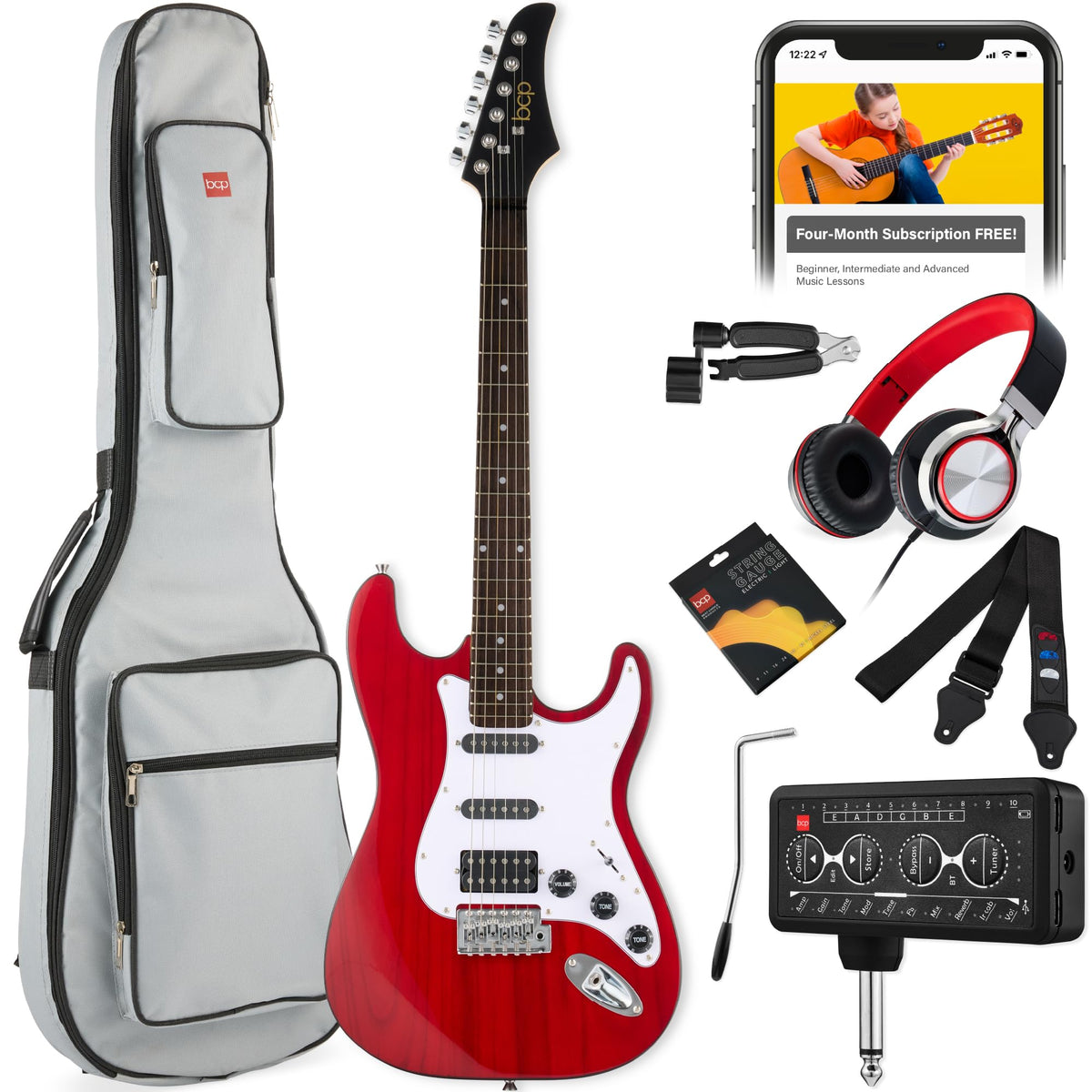 Cherry Red White Electric Guitar Kit with Headphone Amp D12818