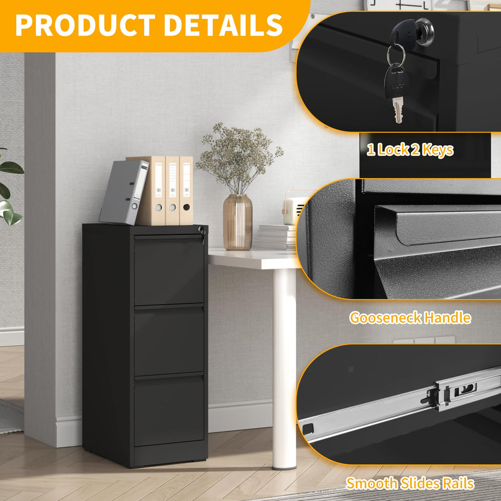 3 Drawer Black Metal File Cabinet with Lock B8594