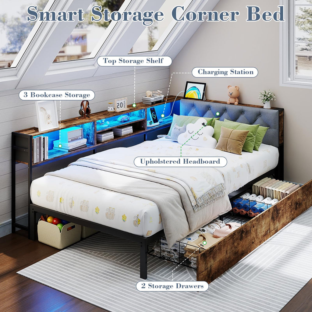 Twin Size Corner Bed Frame with Storage and Headboard O431419