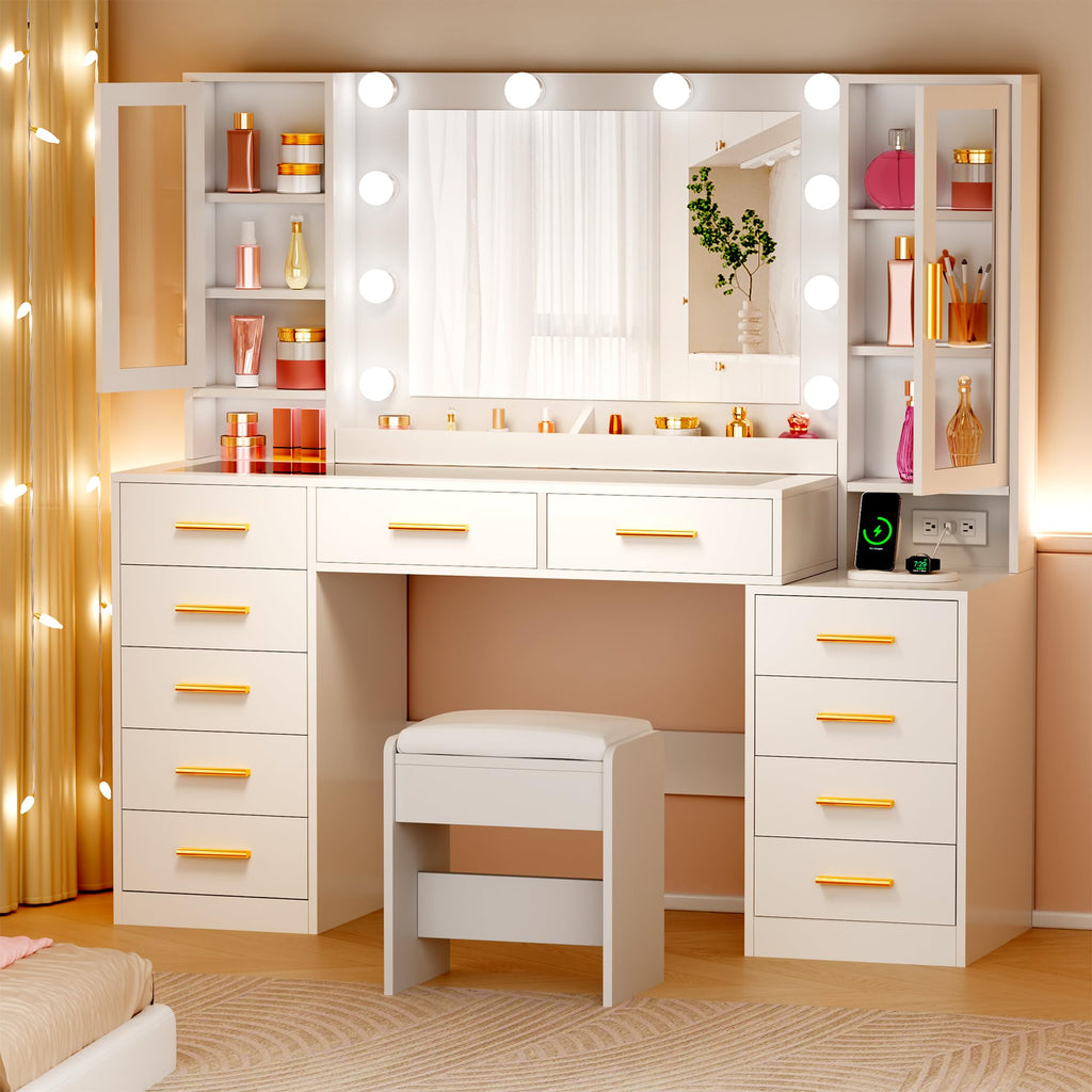 White Glass Top Vanity Desk with Mirror and Lights H6005
