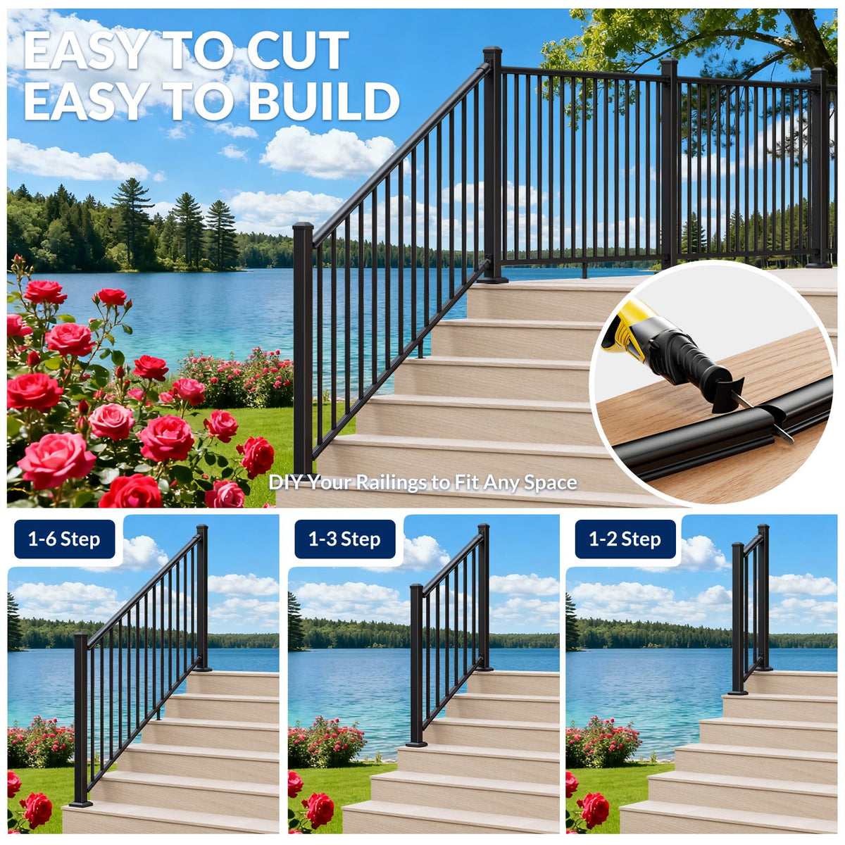 1 Pack 36 in x 6 ft Black Aluminum Stair Railing Kit J24663