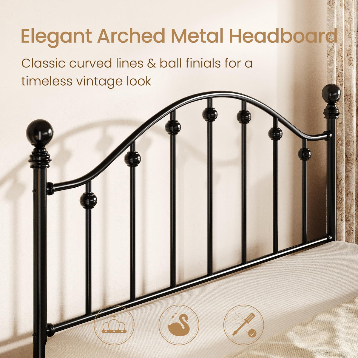 Queen Metal Bed Frame with Victorian Headboard and Footboard Black U274808