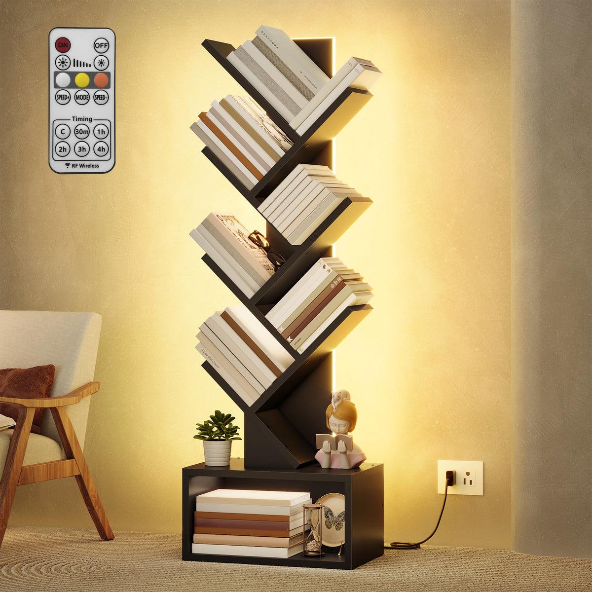 6 Tier Tree Bookshelf with Drawer and LED Lights I408