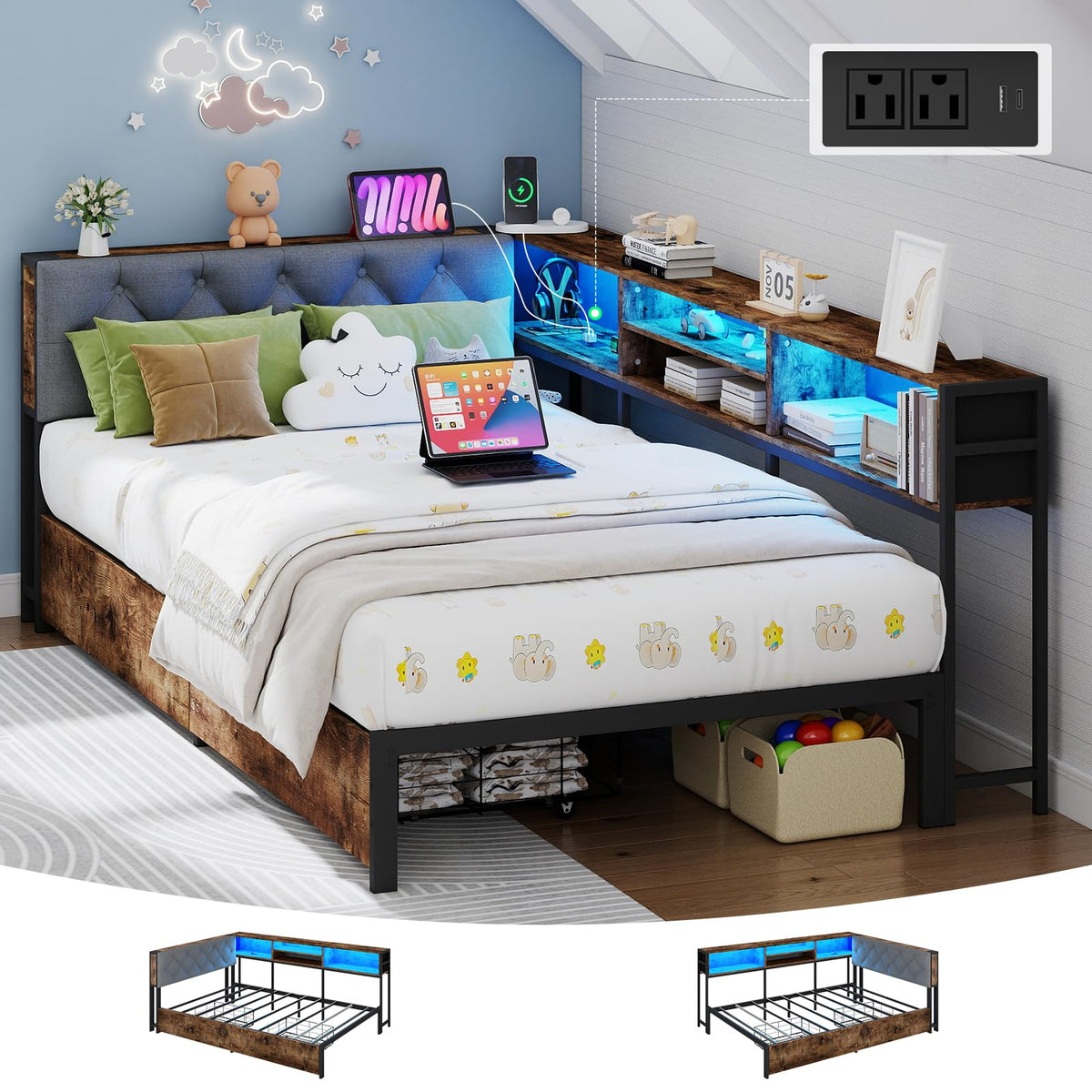 Twin Size Corner Bed Frame with Storage and Headboard O431419