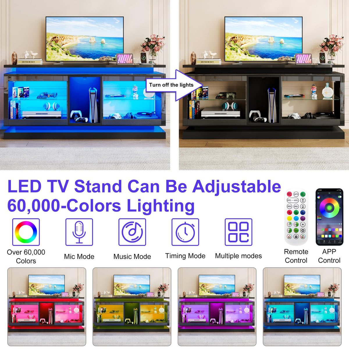 70" TV Stand with LED Lights and Power Outlets, Black T35574