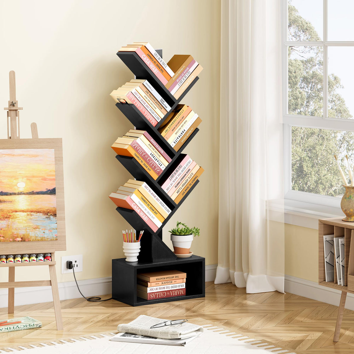 6 Tier Tree Bookshelf with Drawer and LED Lights I408