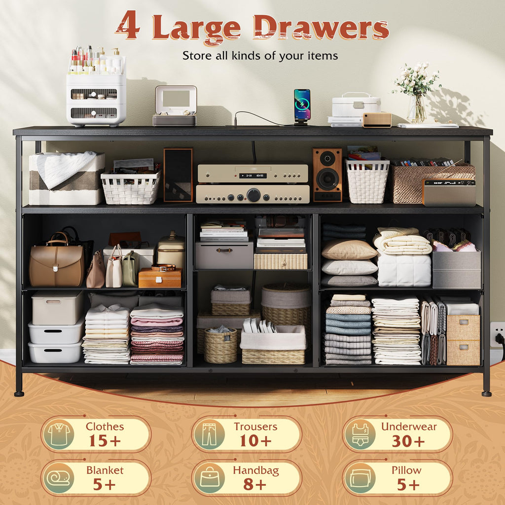 Black TV Stand with LED & Outlets, 5-Drawer Storage L40233