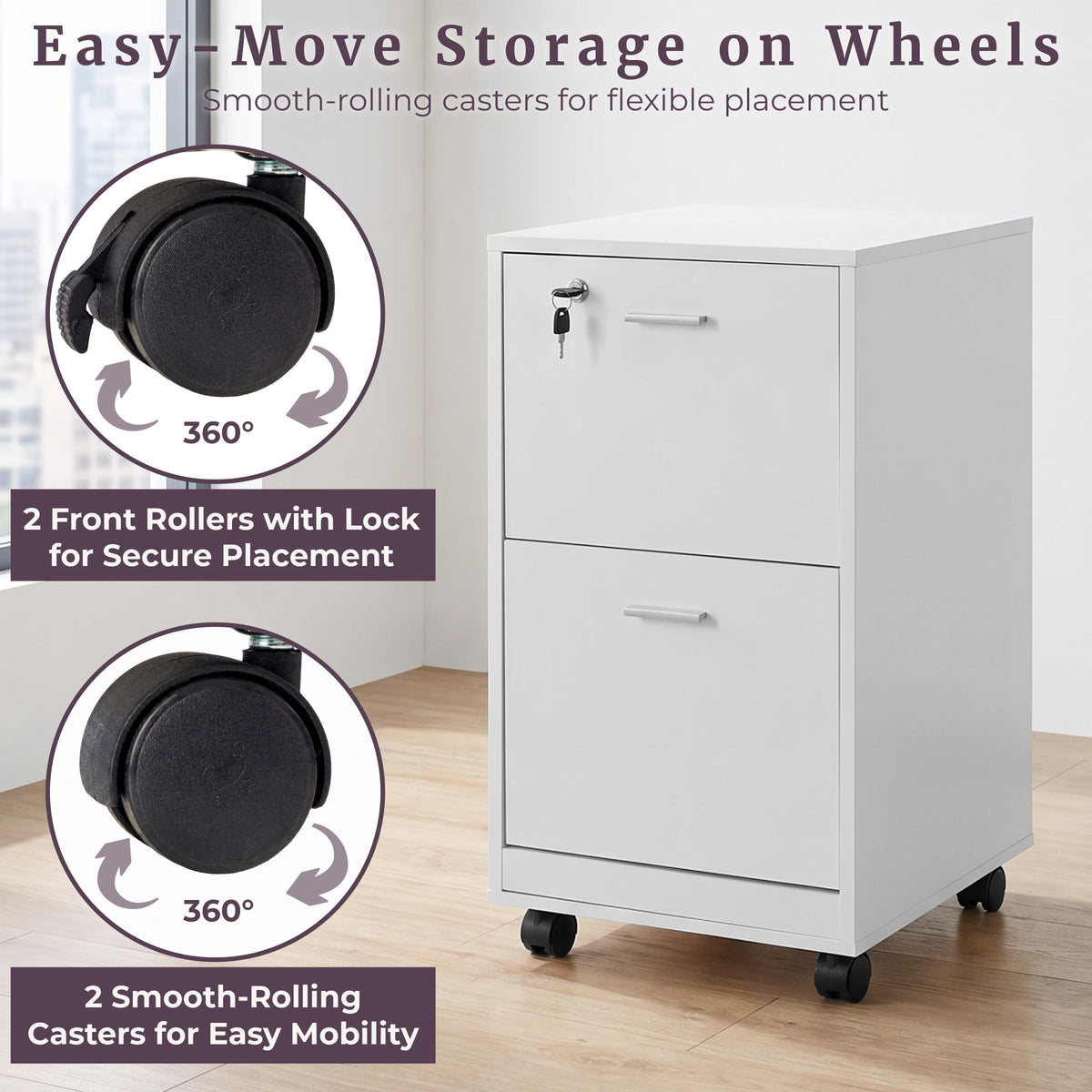 White 2-Drawer Wooden File Cabinet with Lock K56141