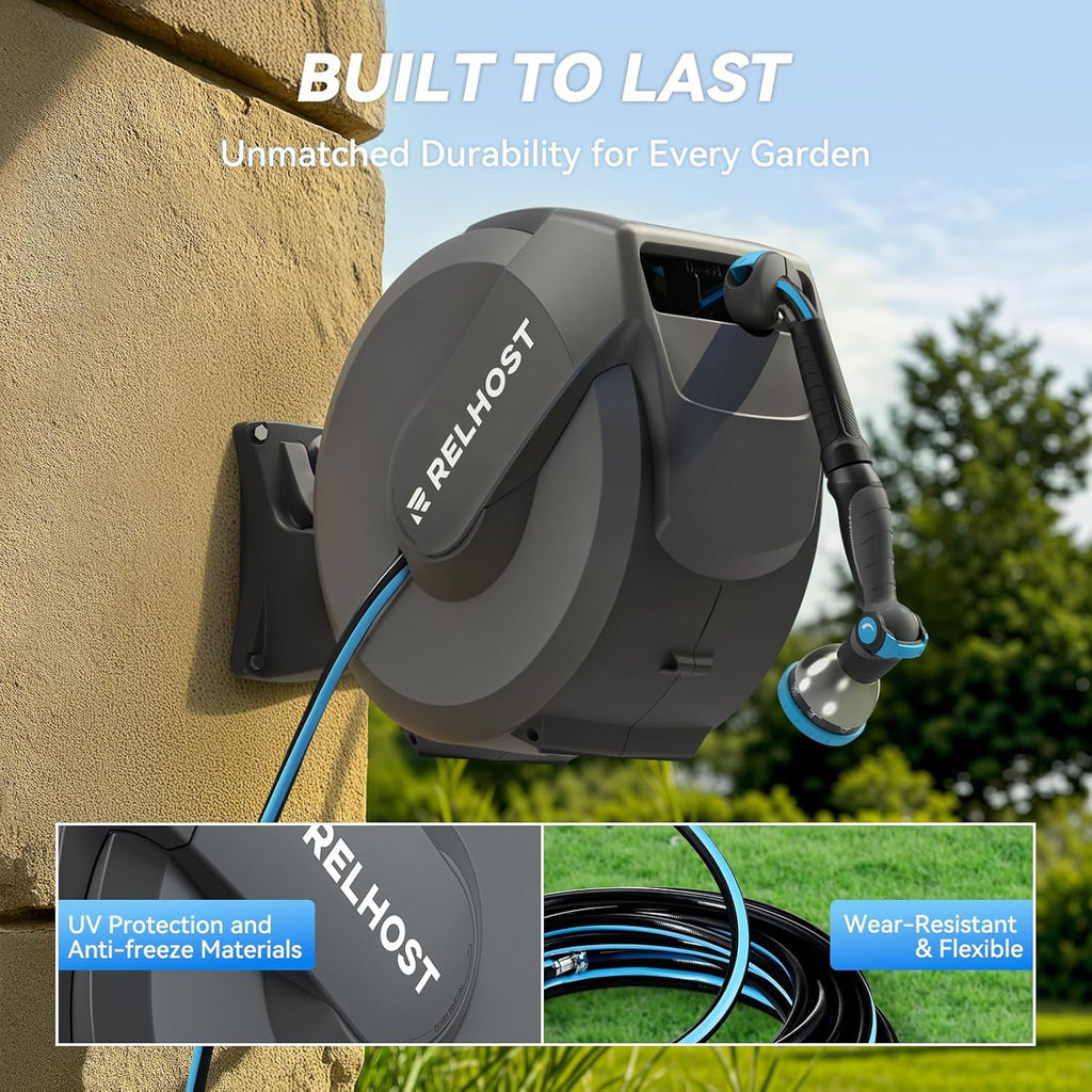 Retractable Garden Hose Reel, 1/2 in x 100 ft Wall Mount Heavy Duty with 10-Pattern Nozzle, Dark Grey L580106
