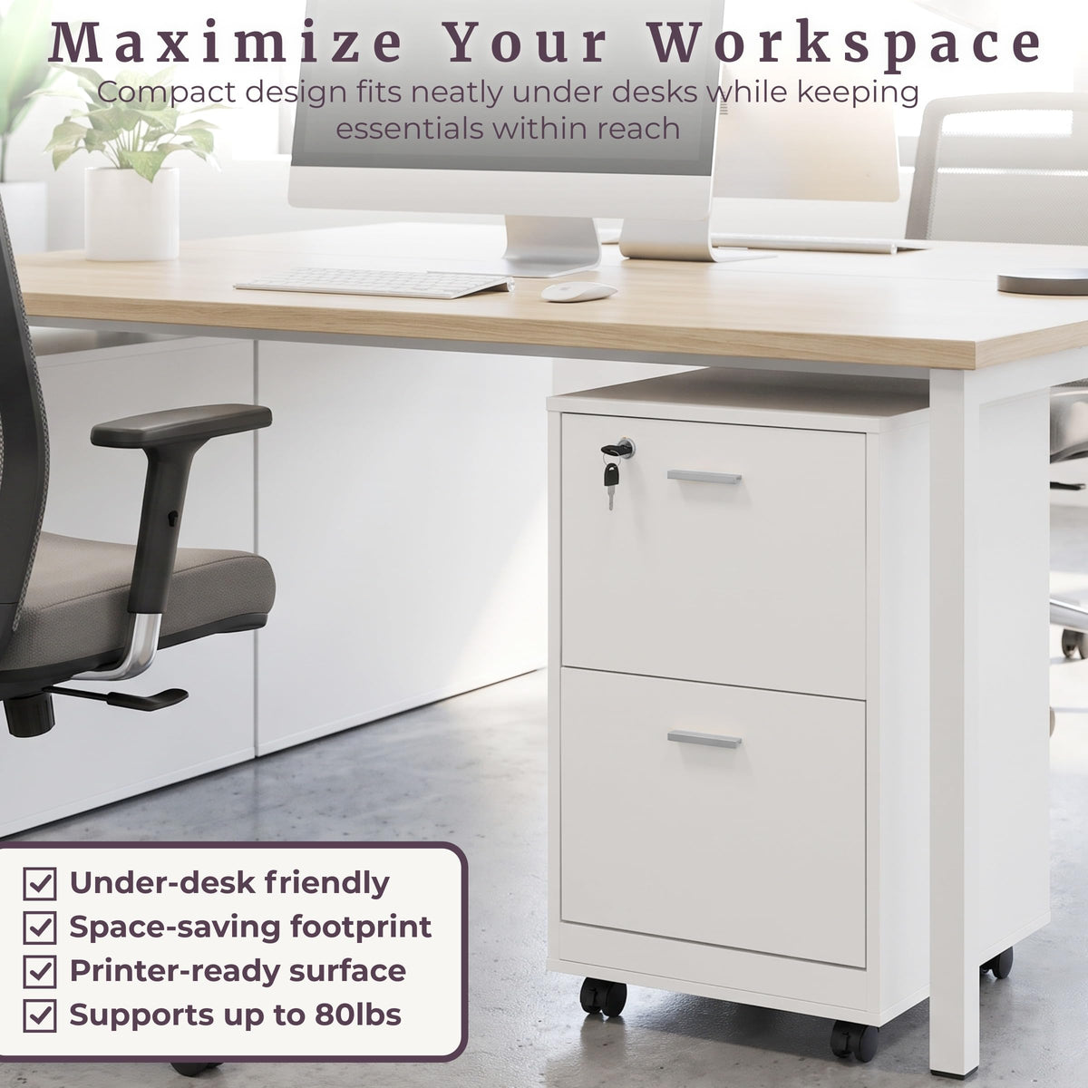 White 2-Drawer Wooden File Cabinet with Lock K56141