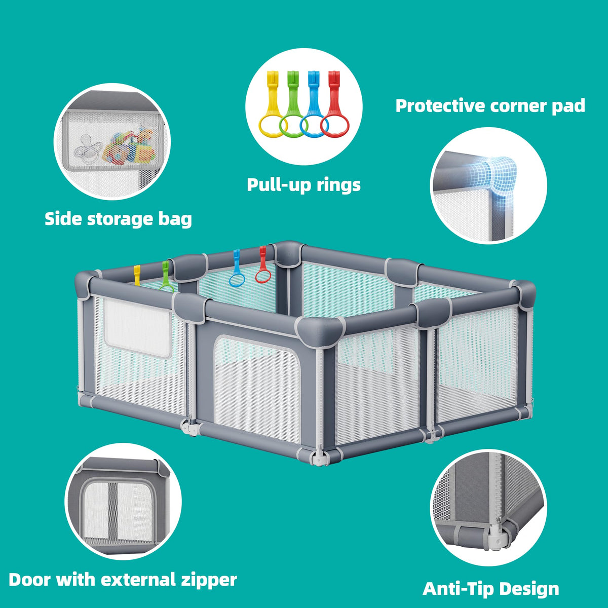 Foldable Baby Playpen with Mat, 71x59 Inches, Grey O26593