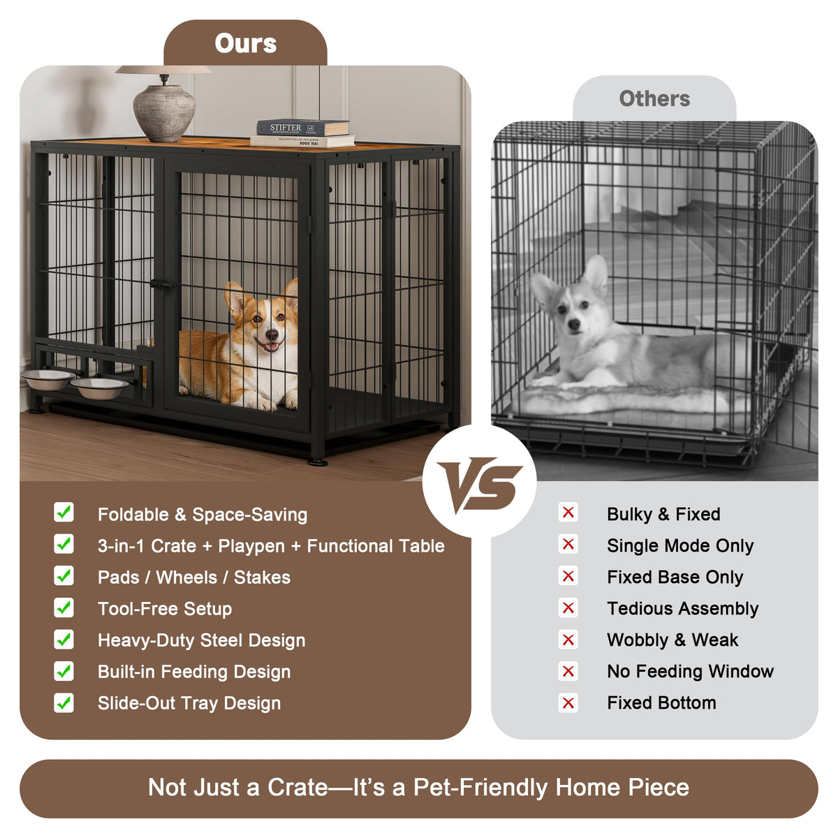 Heavy Duty Foldable Dog Crate with Wheels & Feeding Bowls Y707