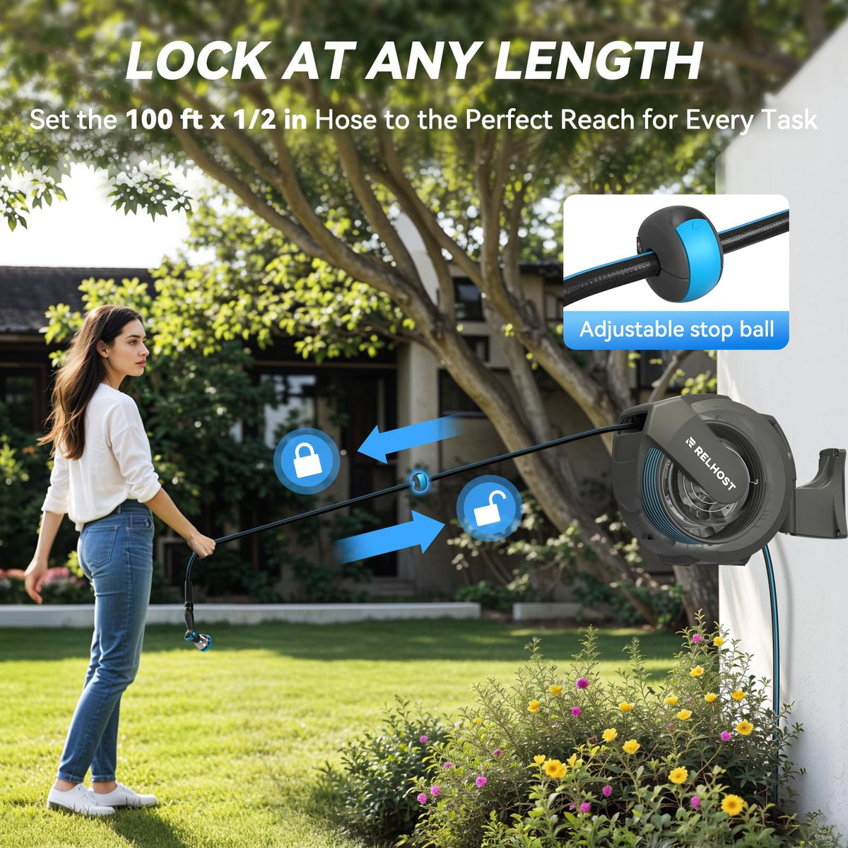 Retractable Garden Hose Reel, 1/2 in x 100 ft Wall Mount Heavy Duty with 10-Pattern Nozzle, Dark Grey L580106