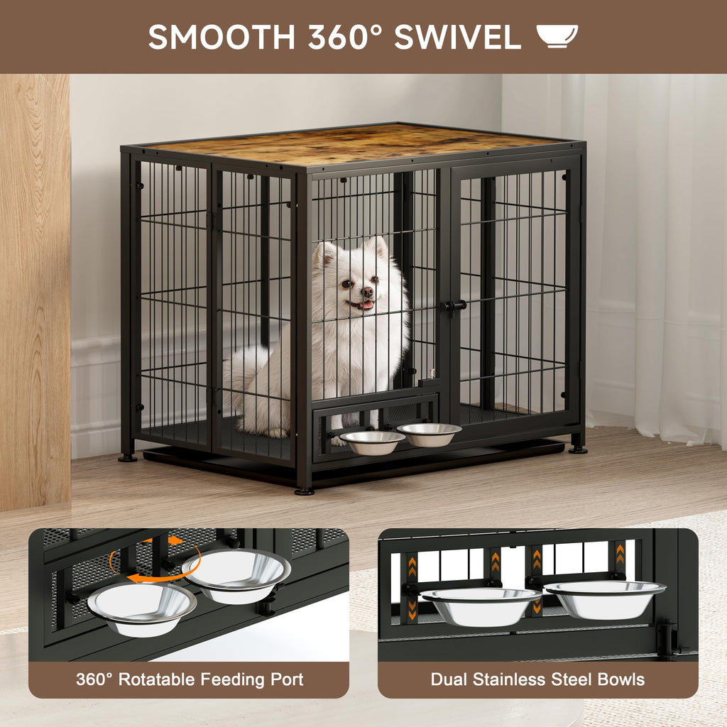 Heavy Duty Foldable Dog Crate with Wheels & Feeding Bowls Y707