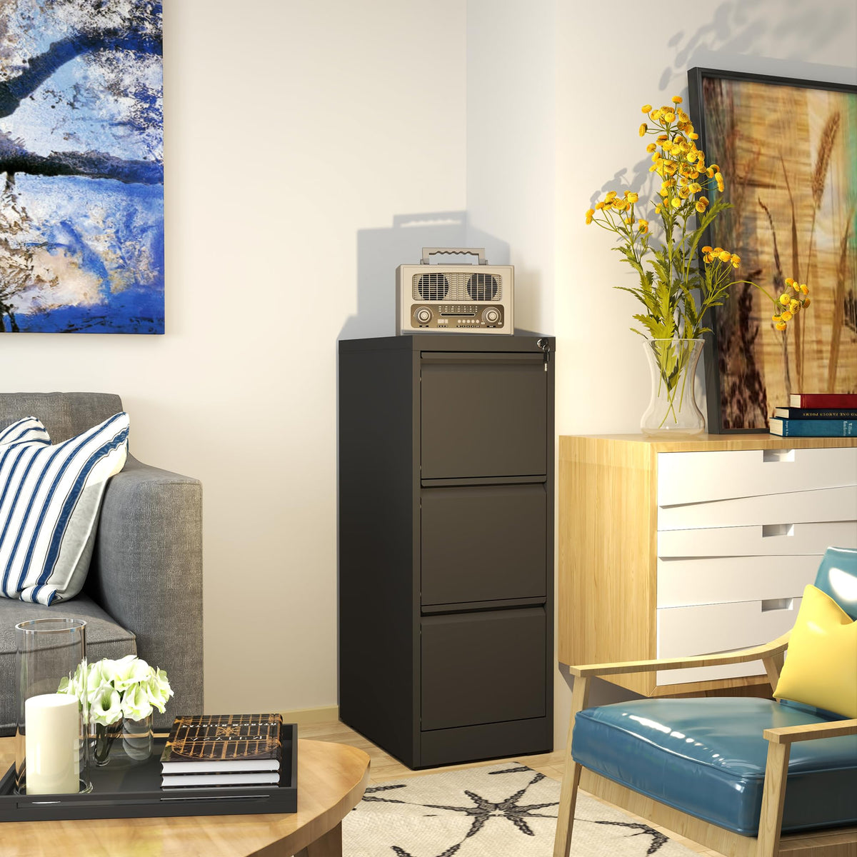 3 Drawer Black Metal File Cabinet with Lock B8594