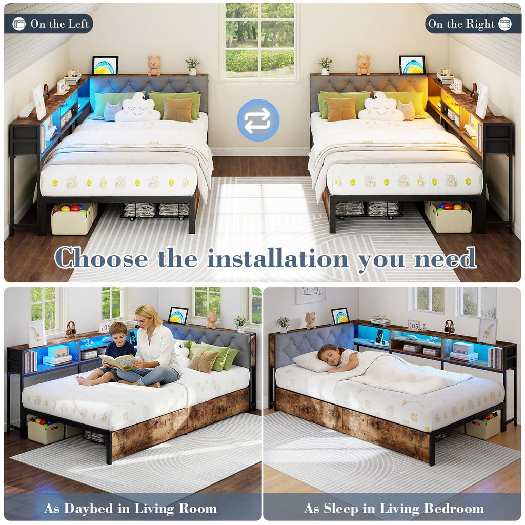Twin Size Corner Bed Frame with Storage and Headboard O431419