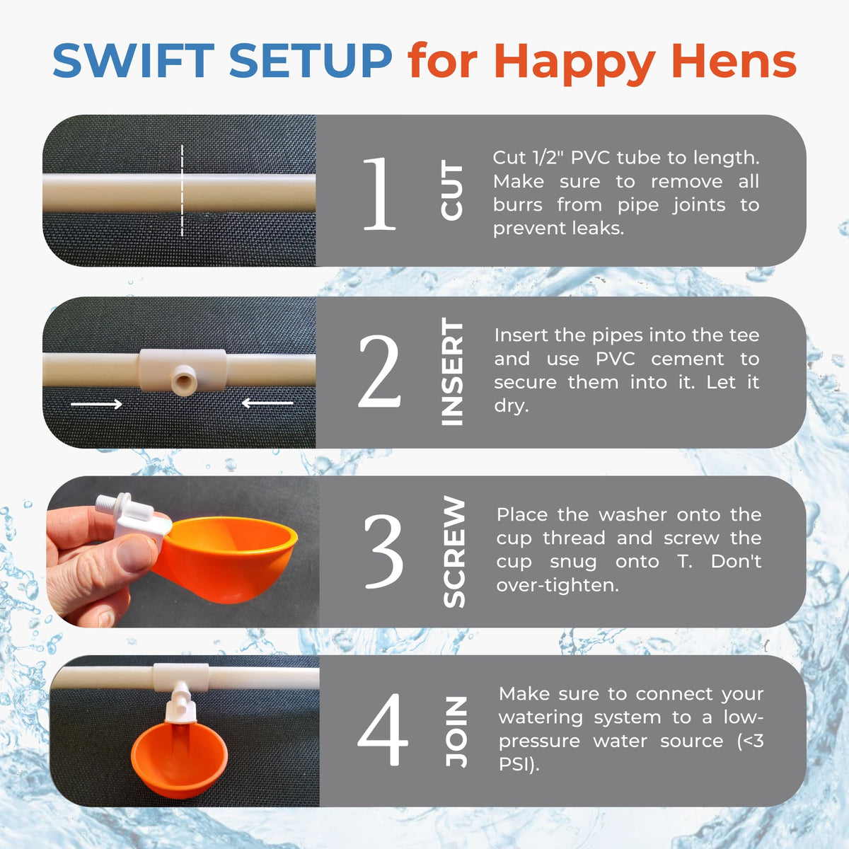 Large Automatic Chicken Waterer Cups with 1/2" PVC Tee Fittings 5-Pack I409029