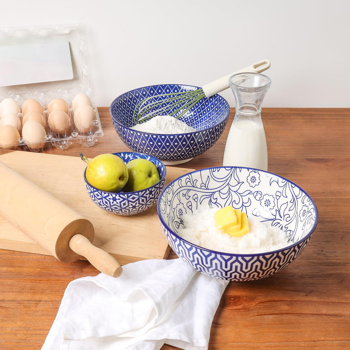 Ceramic 53 OZ Salad Bowls Set, Set of 3, Vintage Blue N728690