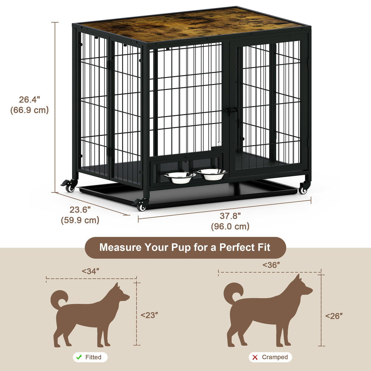 Heavy Duty Foldable Dog Crate with Wheels & Feeding Bowls Y707