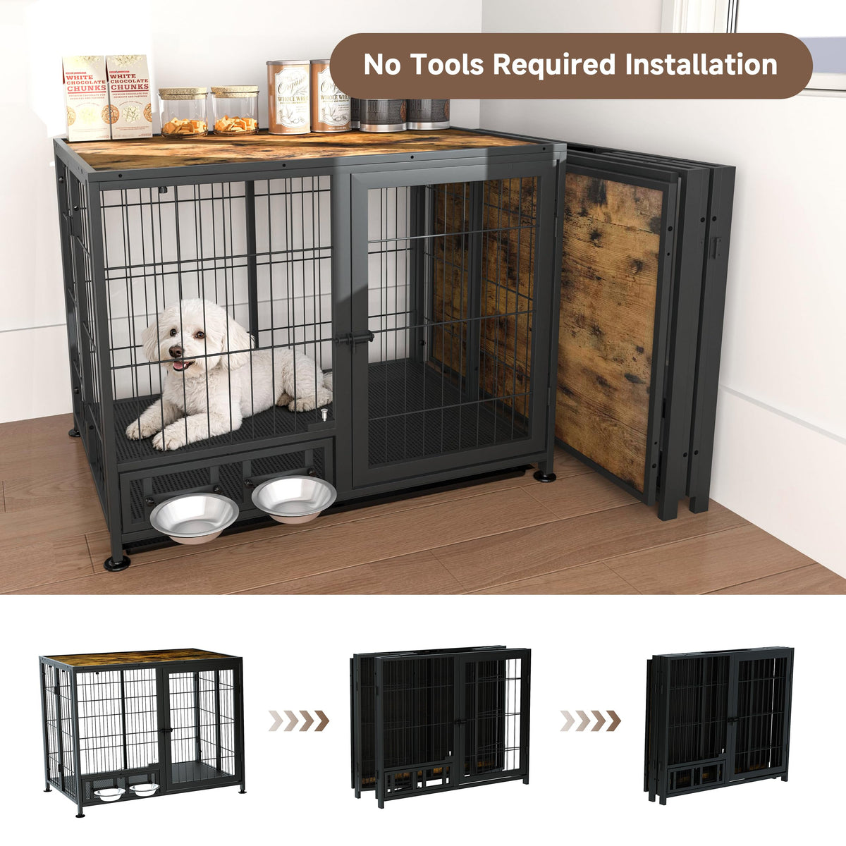 Heavy Duty Foldable Dog Crate with Wheels & Feeding Bowls Y707