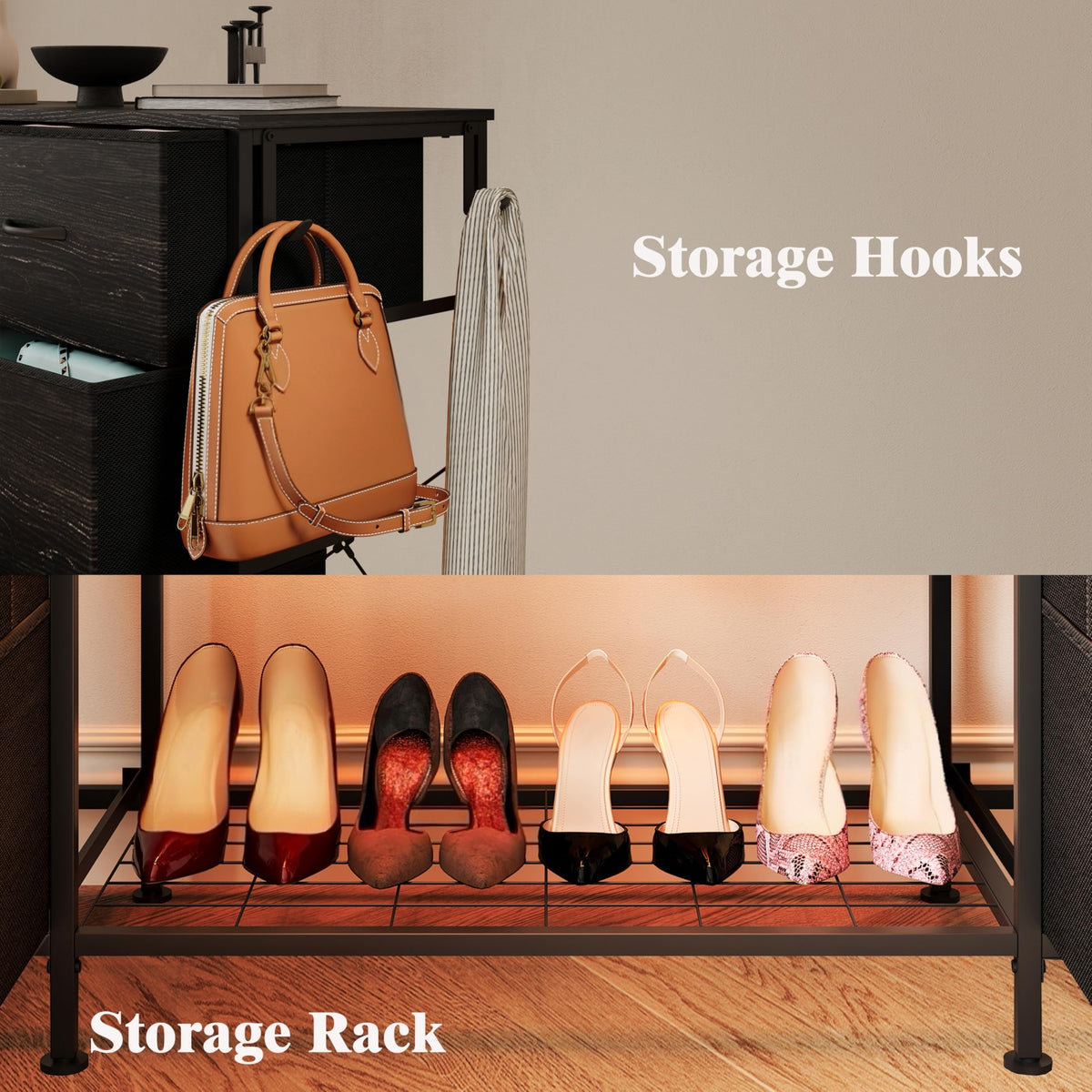 55"W Dresser with Hanging Rack, 10 Fabric Drawers & Hooks W18025