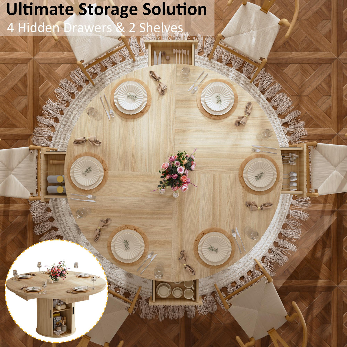 47.2" Round Wood Dining Table with 4 Drawers P29096