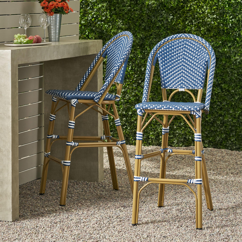 29.5" Bar Height Outdoor Stools Set of 2 Wicker Rattan Aluminum Teal Blue White A54889