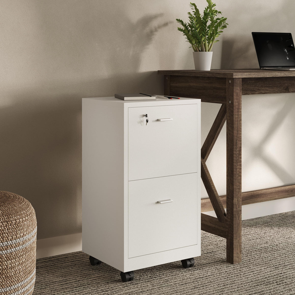 White 2-Drawer Wooden File Cabinet with Lock K56141
