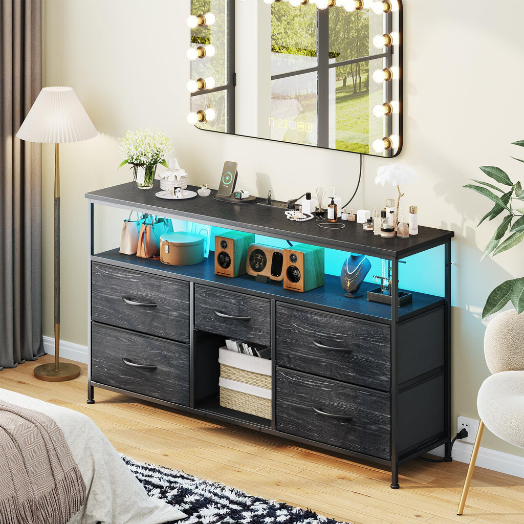 Black TV Stand with LED & Outlets, 5-Drawer Storage L40233