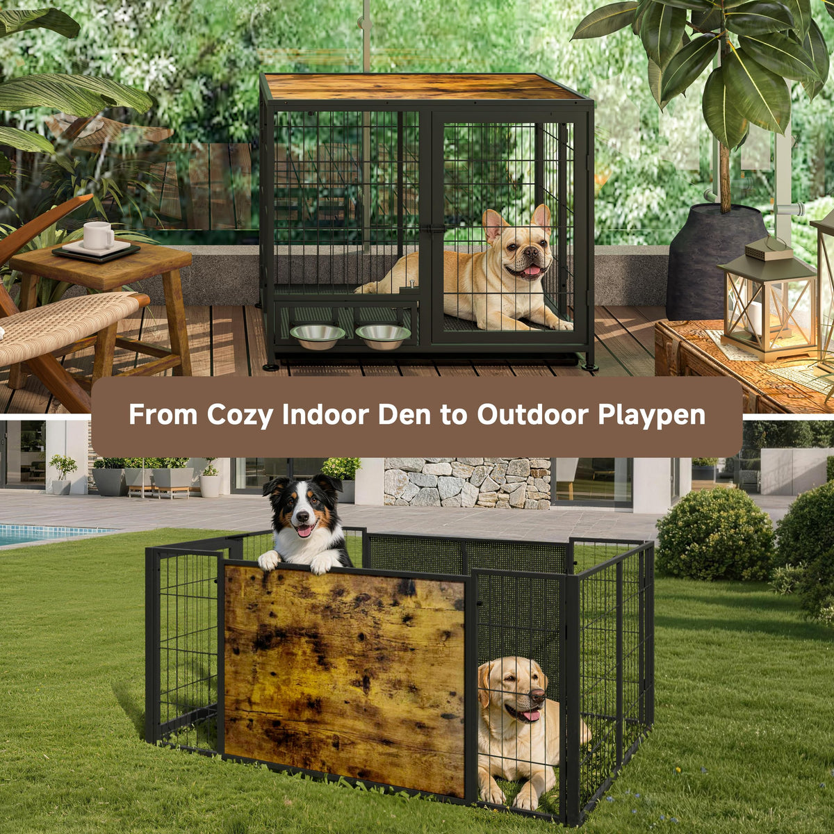 Heavy Duty Foldable Dog Crate with Wheels & Feeding Bowls Y707