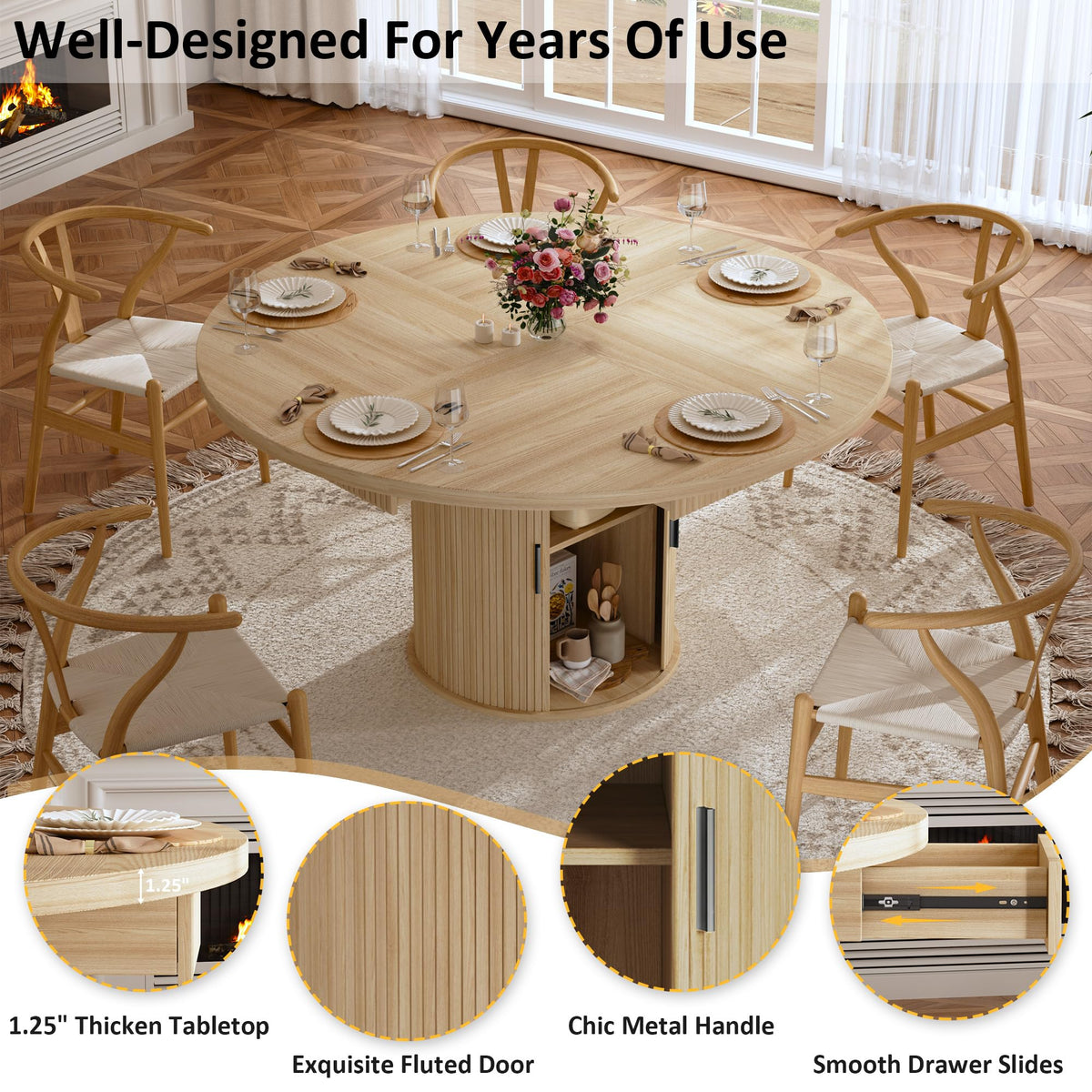 47.2" Round Wood Dining Table with 4 Drawers P29096
