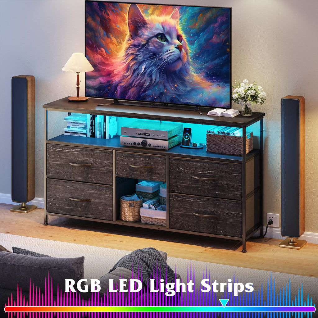 Black TV Stand with LED & Outlets, 5-Drawer Storage L40233