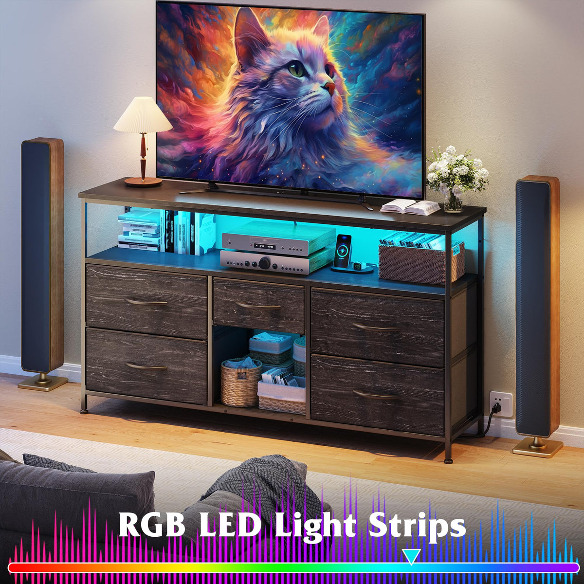 Black TV Stand with LED & Outlets, 5-Drawer Storage L40233