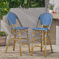 29.5" Bar Height Outdoor Stools Set of 2 Wicker Rattan Aluminum Teal Blue White A54889