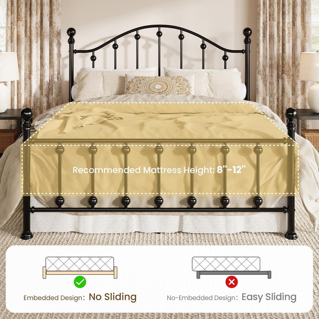 Queen Metal Bed Frame with Victorian Headboard and Footboard Black U274808