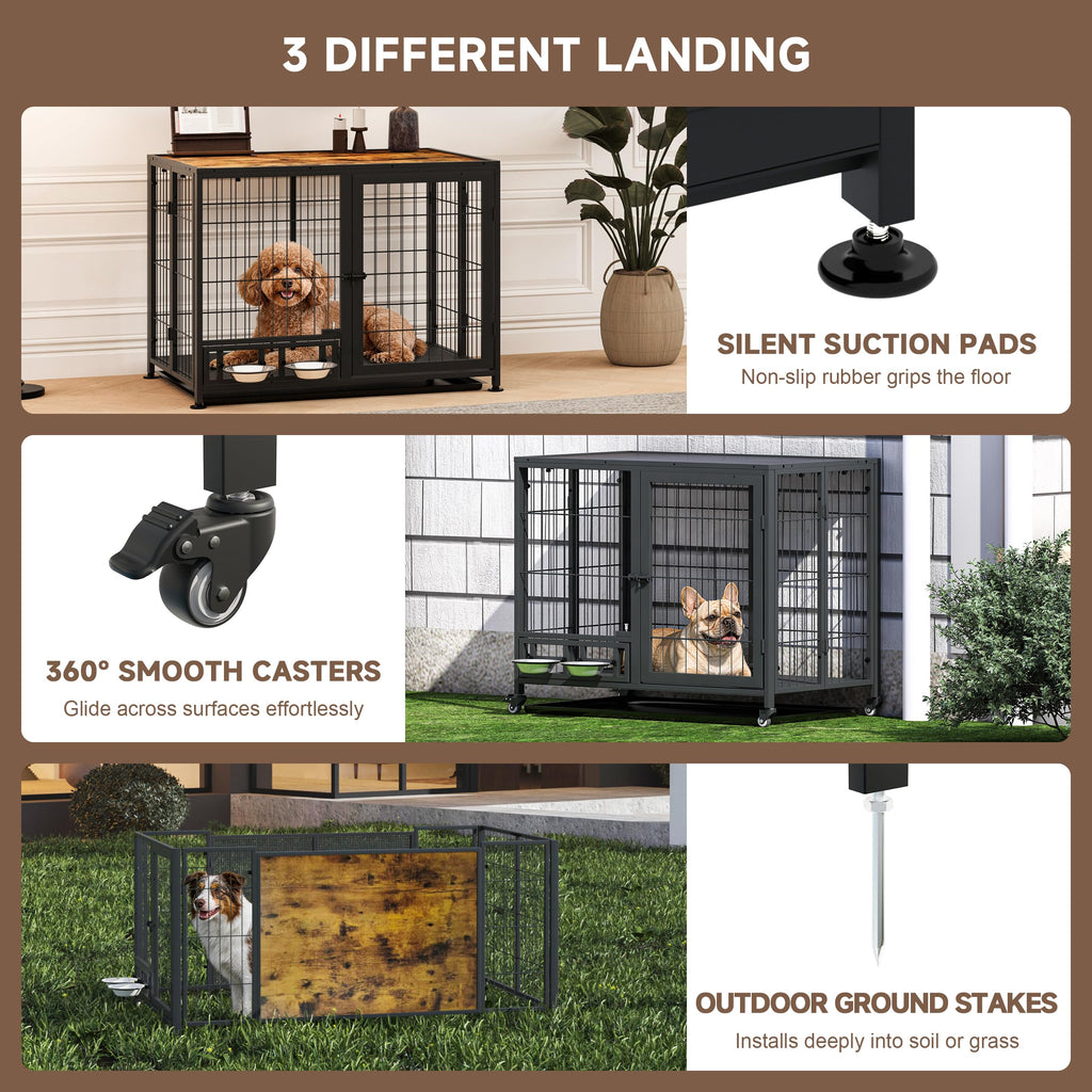 Heavy Duty Foldable Dog Crate with Wheels & Feeding Bowls Y707