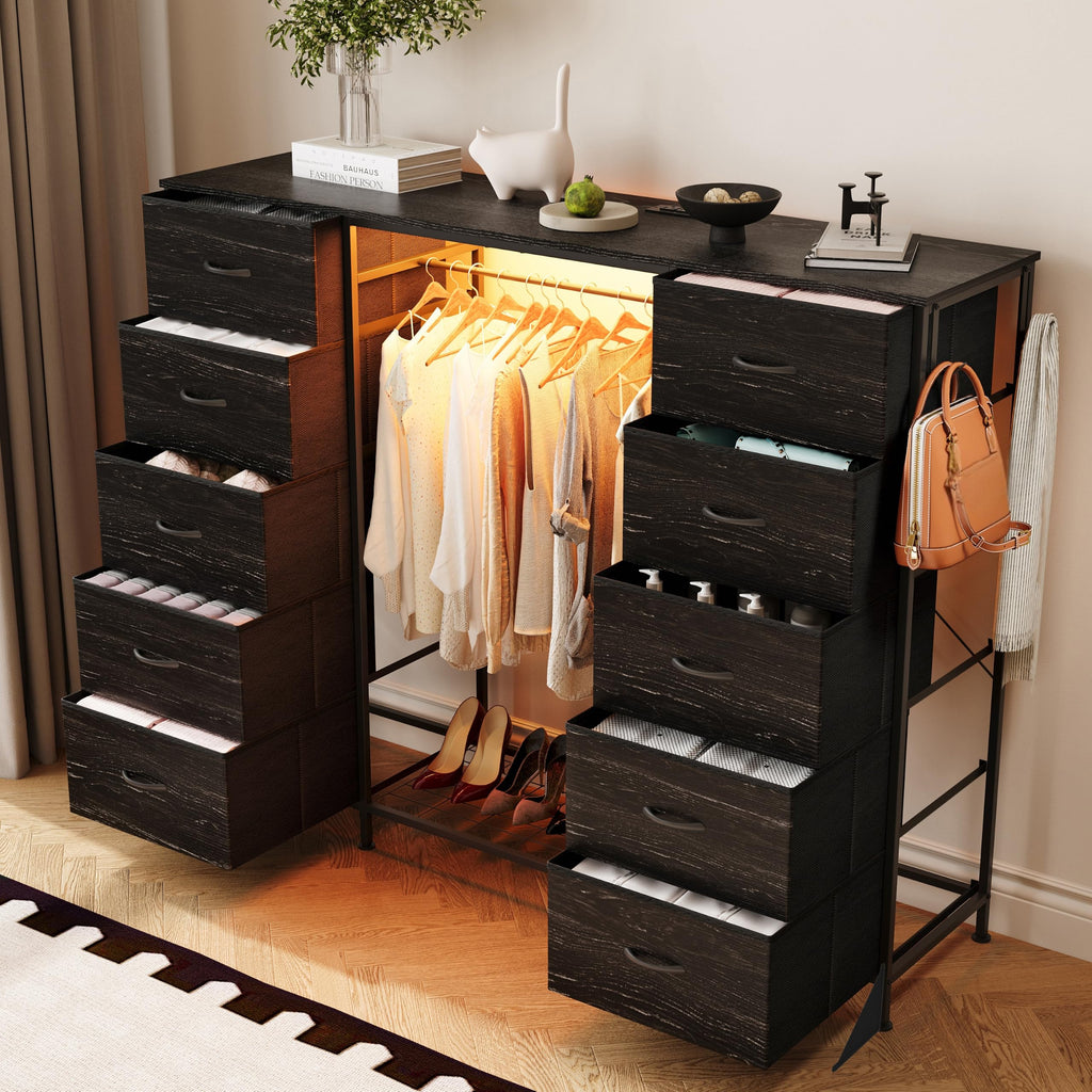 55"W Dresser with Hanging Rack, 10 Fabric Drawers & Hooks W18025