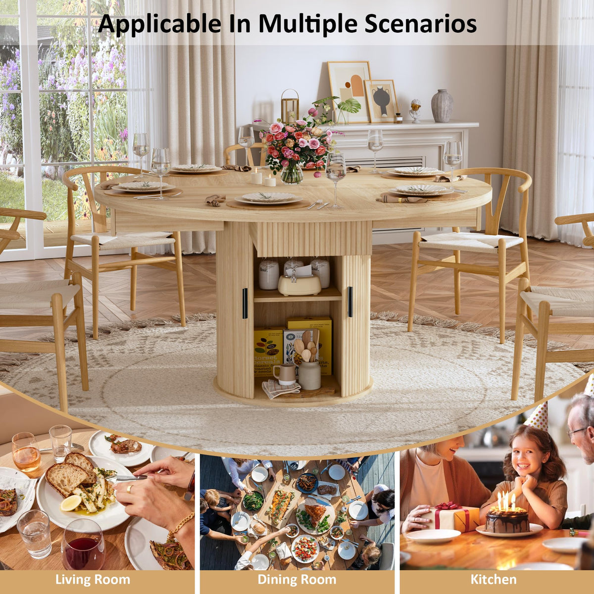 47.2" Round Wood Dining Table with 4 Drawers P29096